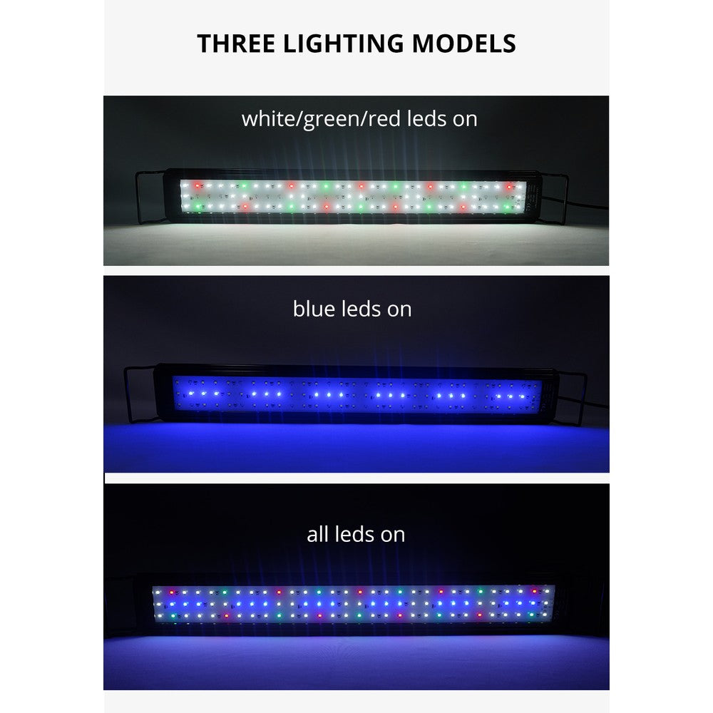 Akvariearmatur med 16W LED i hvid/blå/rød/grøn, justerbar længde, IP66 - 60-75 cm