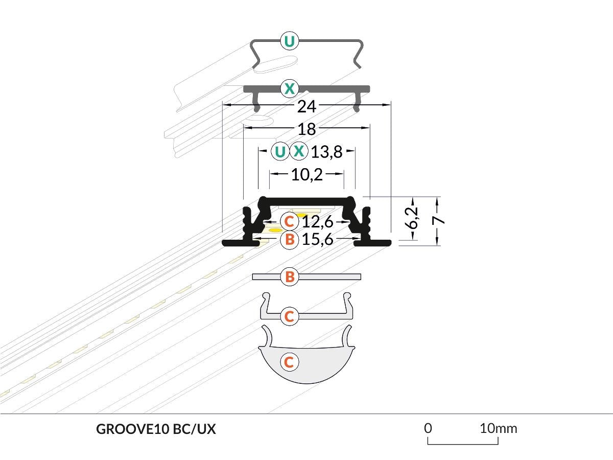 DIOFLEX Alu profil GROOVE10 BC/UX indbyg 2m 24x7mm