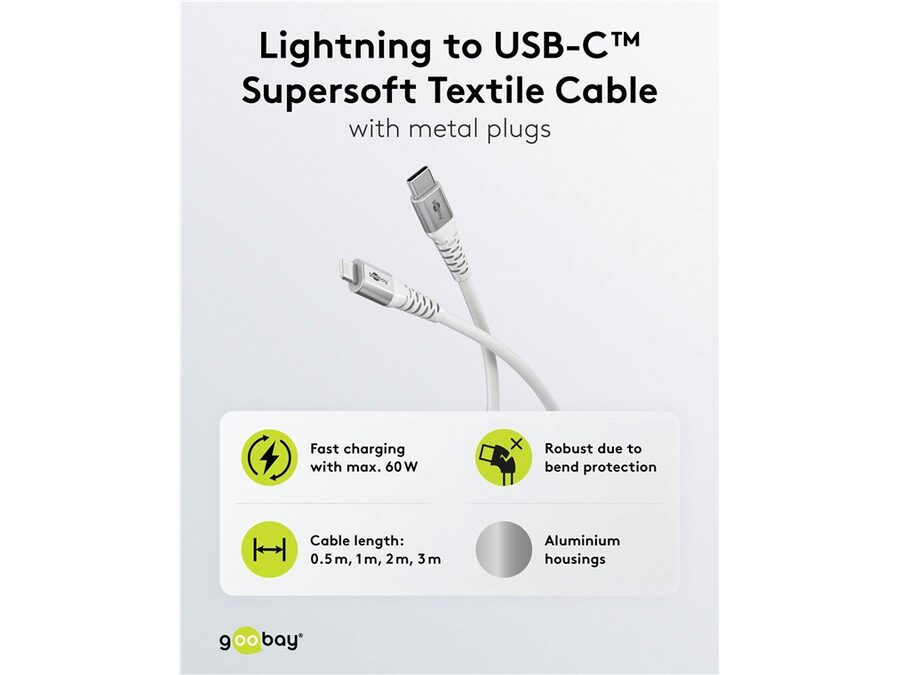 USB-C til Lightning Supersoft PD Tekstilkabel, 3A, Hvid (2m)