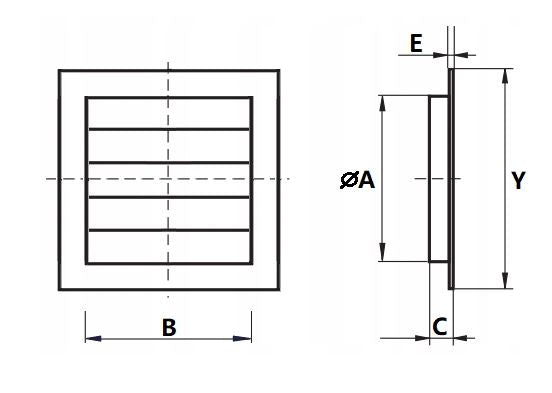 Ventilationsrist m. lukkespjæld - 170x170mm Ø125mm, Hvid