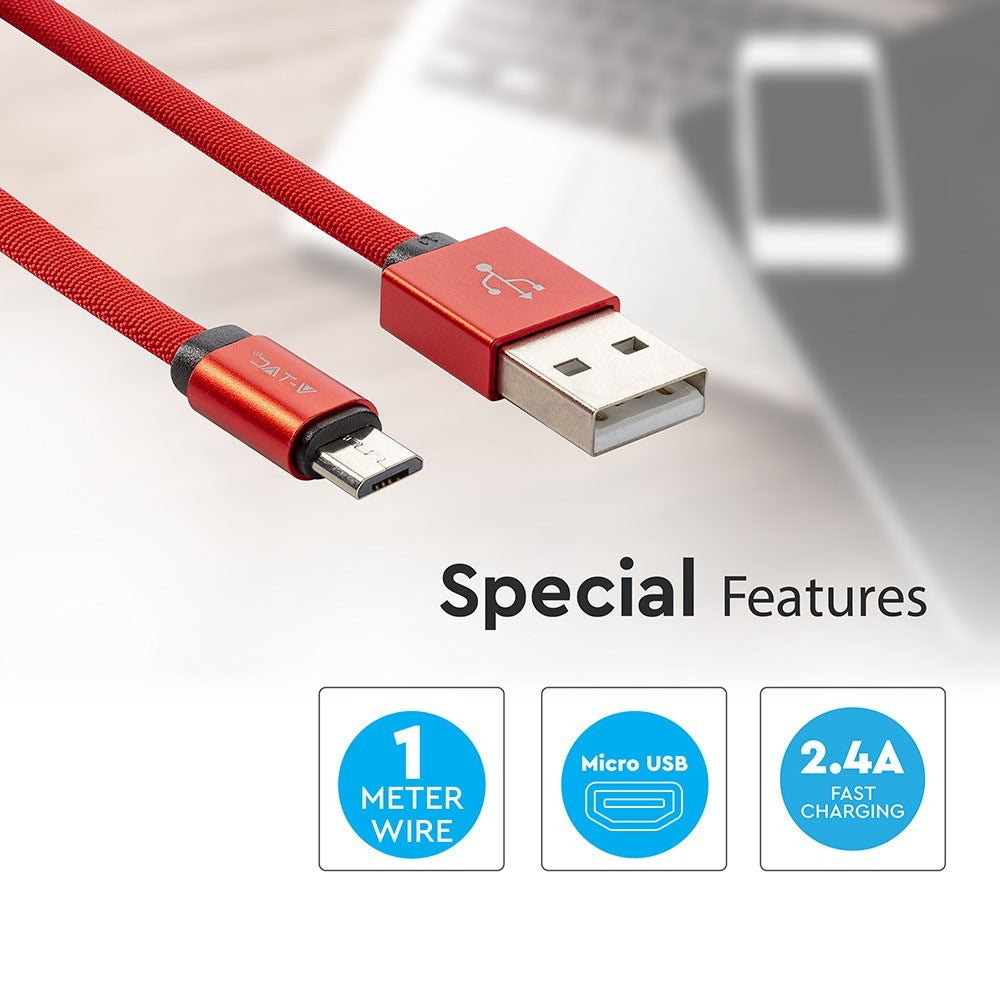 1m Rødt flettet Micro USB kabel med bomuldsstof - Ruby serie
