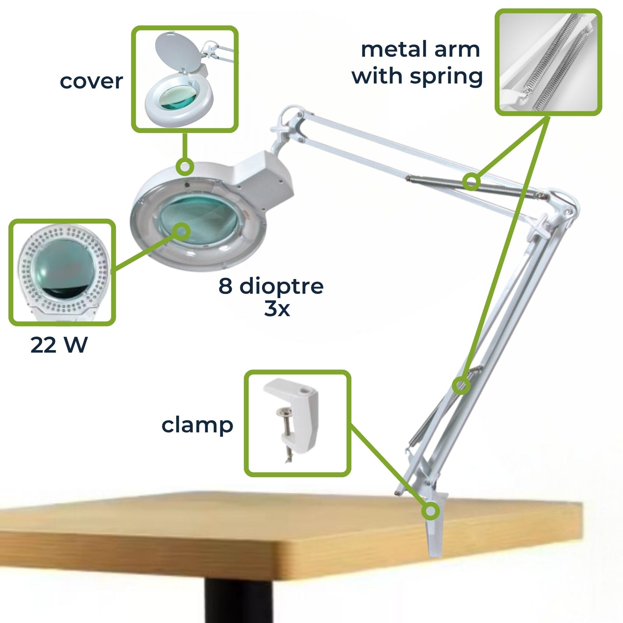 Bord-luplampe - 22W, 8 dioptri, HVID