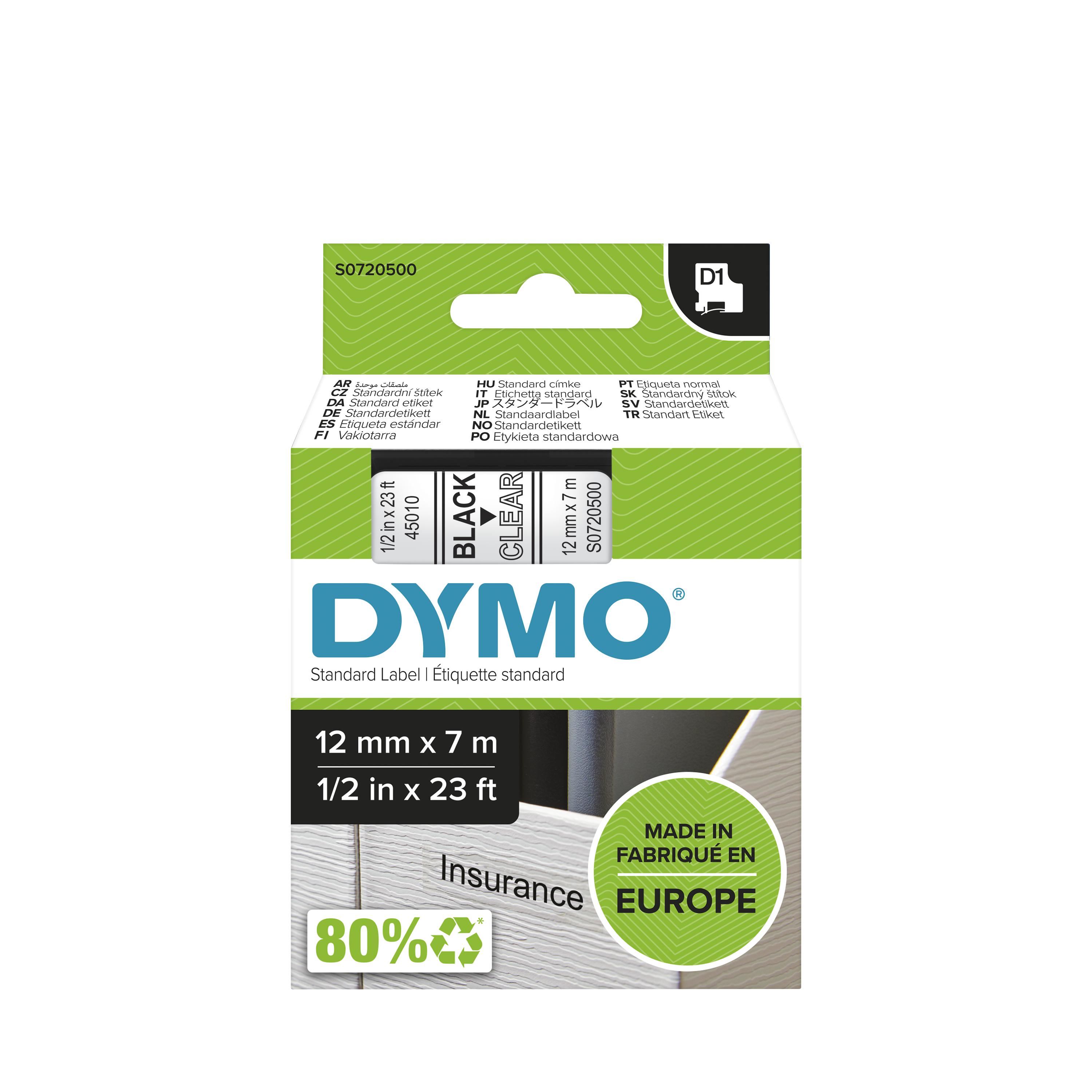 DYMO D1 tape sort/klar 12mmx7m