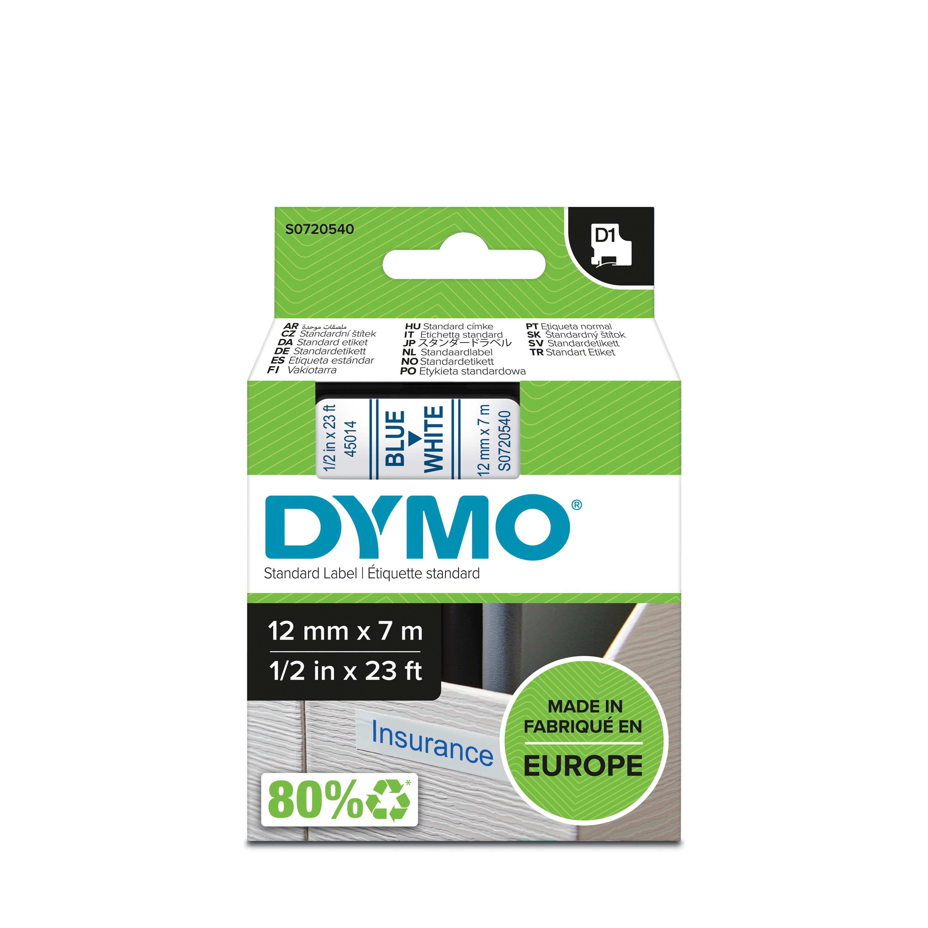 DYMOTAPE D1 12MMX7M BLÅ/HVID