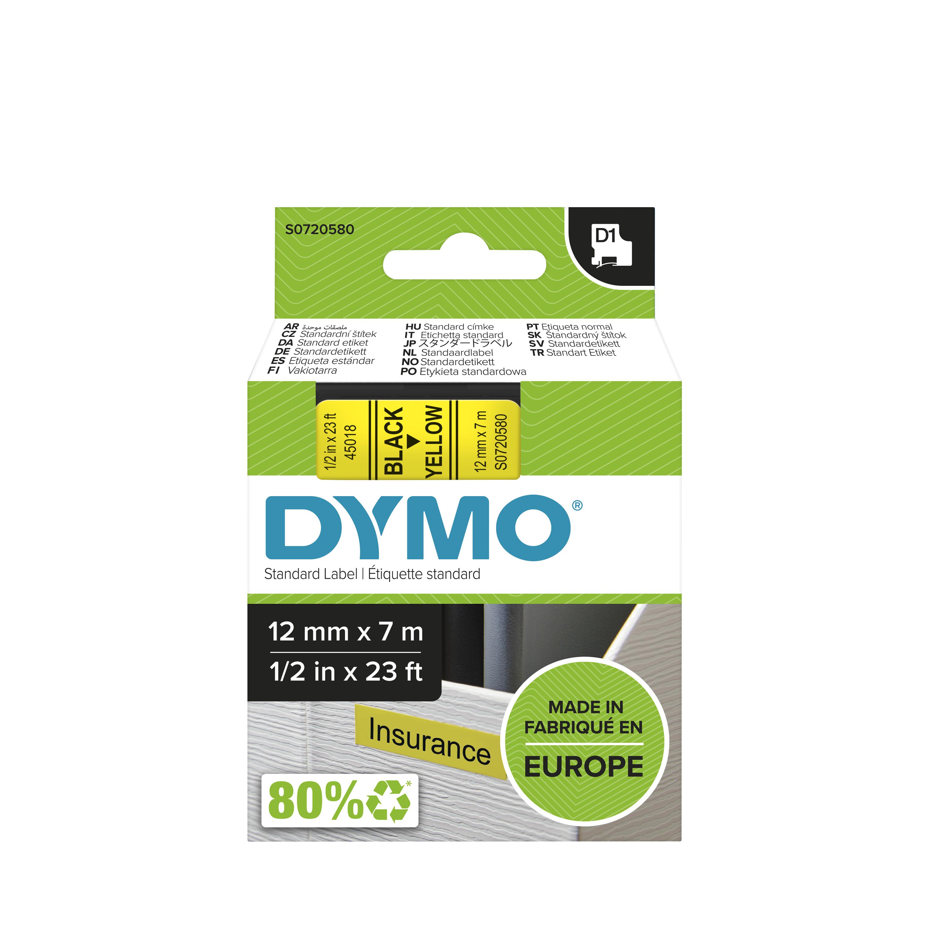 DYMO D1 tape sort/gul 12mmx7m