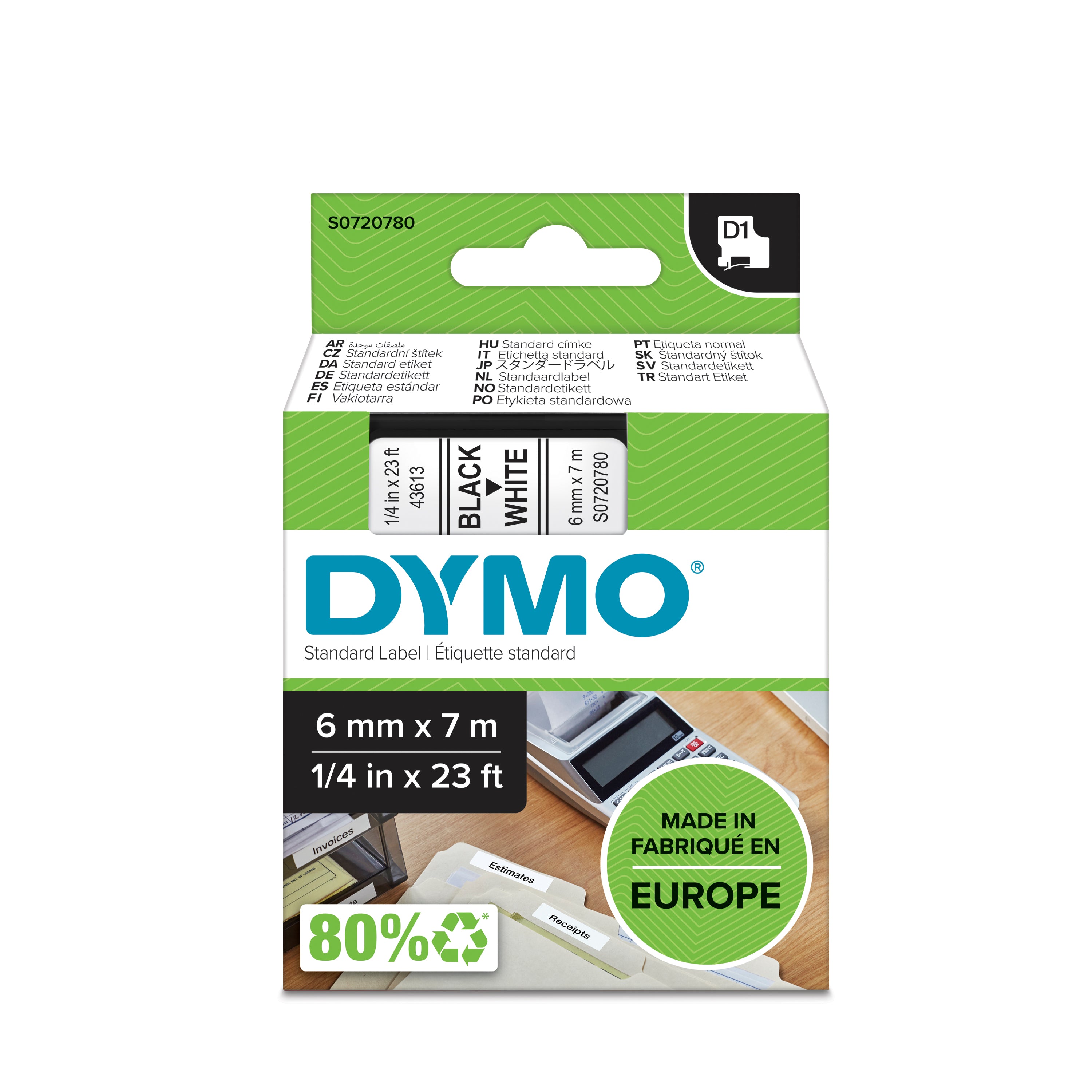 DYMO D1 tape sort/hvid 6mmx7m