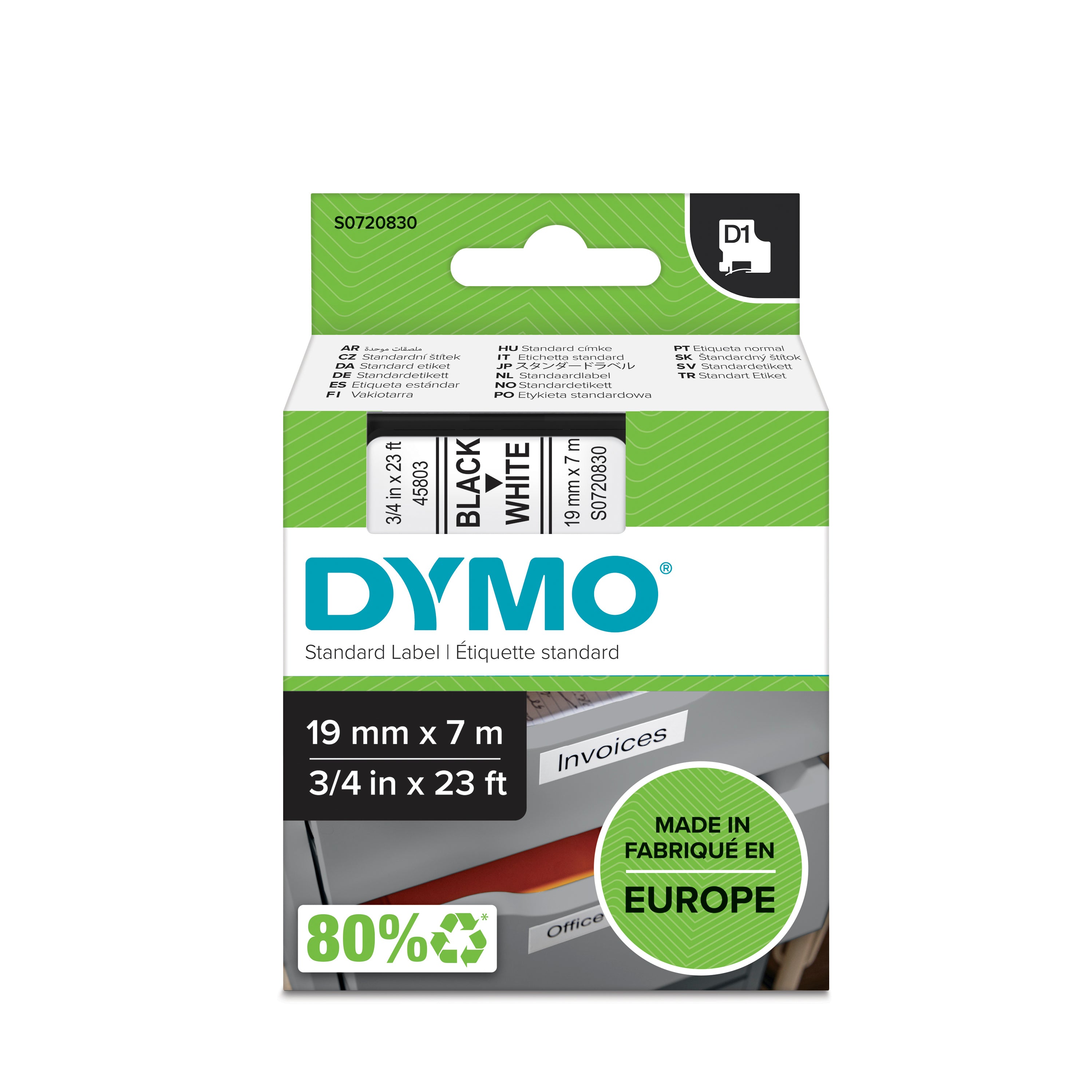 DYMO D1 tape sort/hvid 19mmx7m