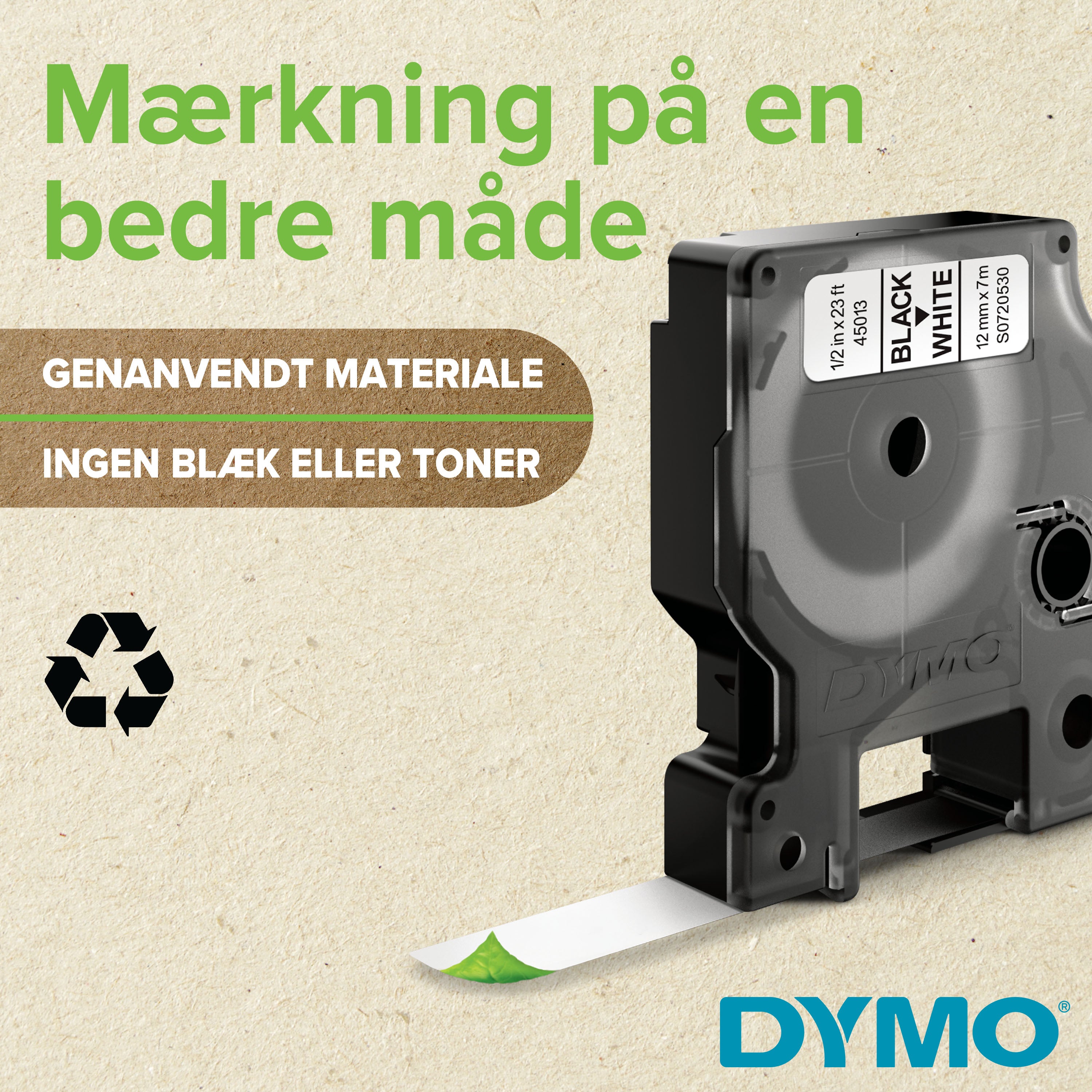 DYMO D1 tape sort/hvid 19mmx7m