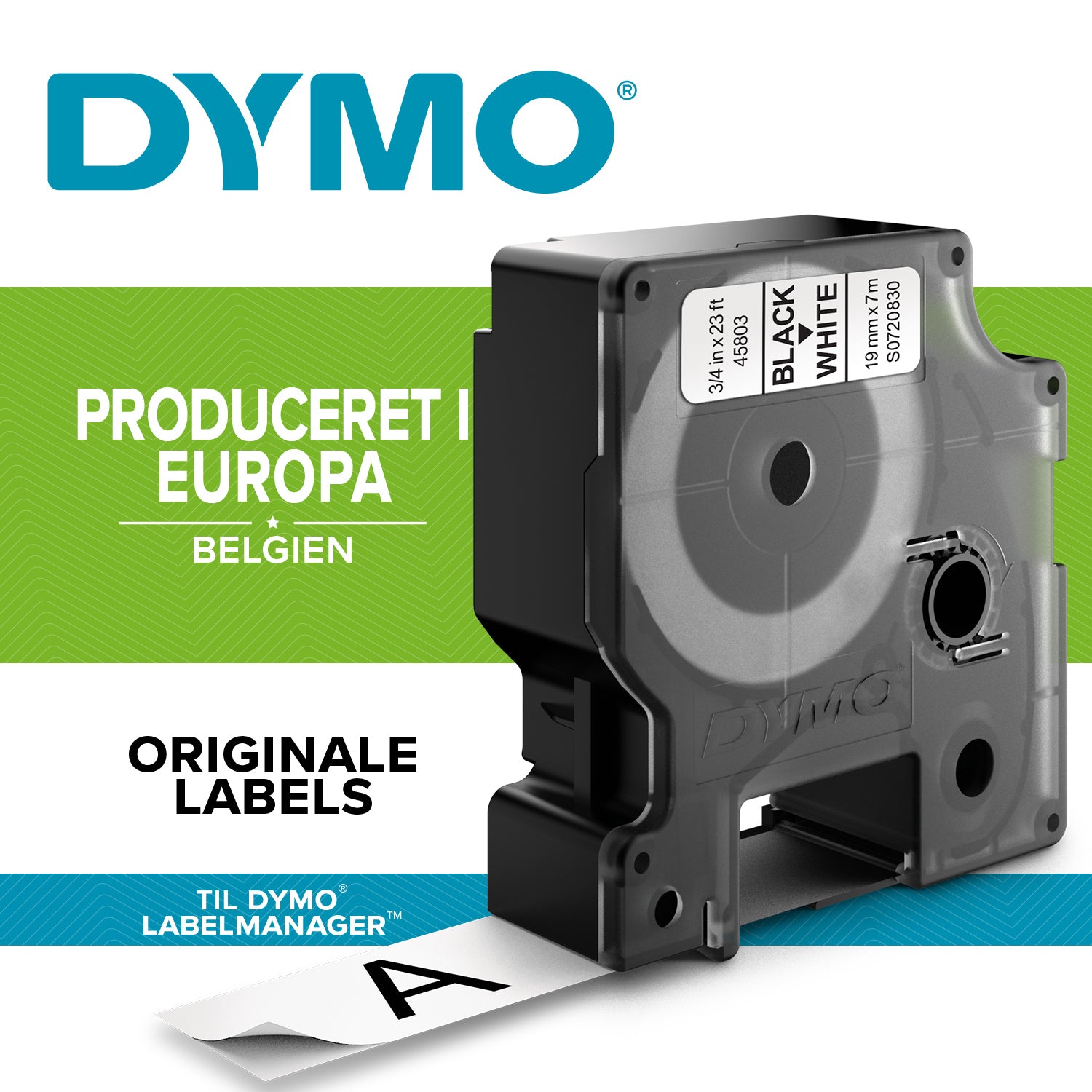 DYMO D1 tape sort/hvid 19mmx7m