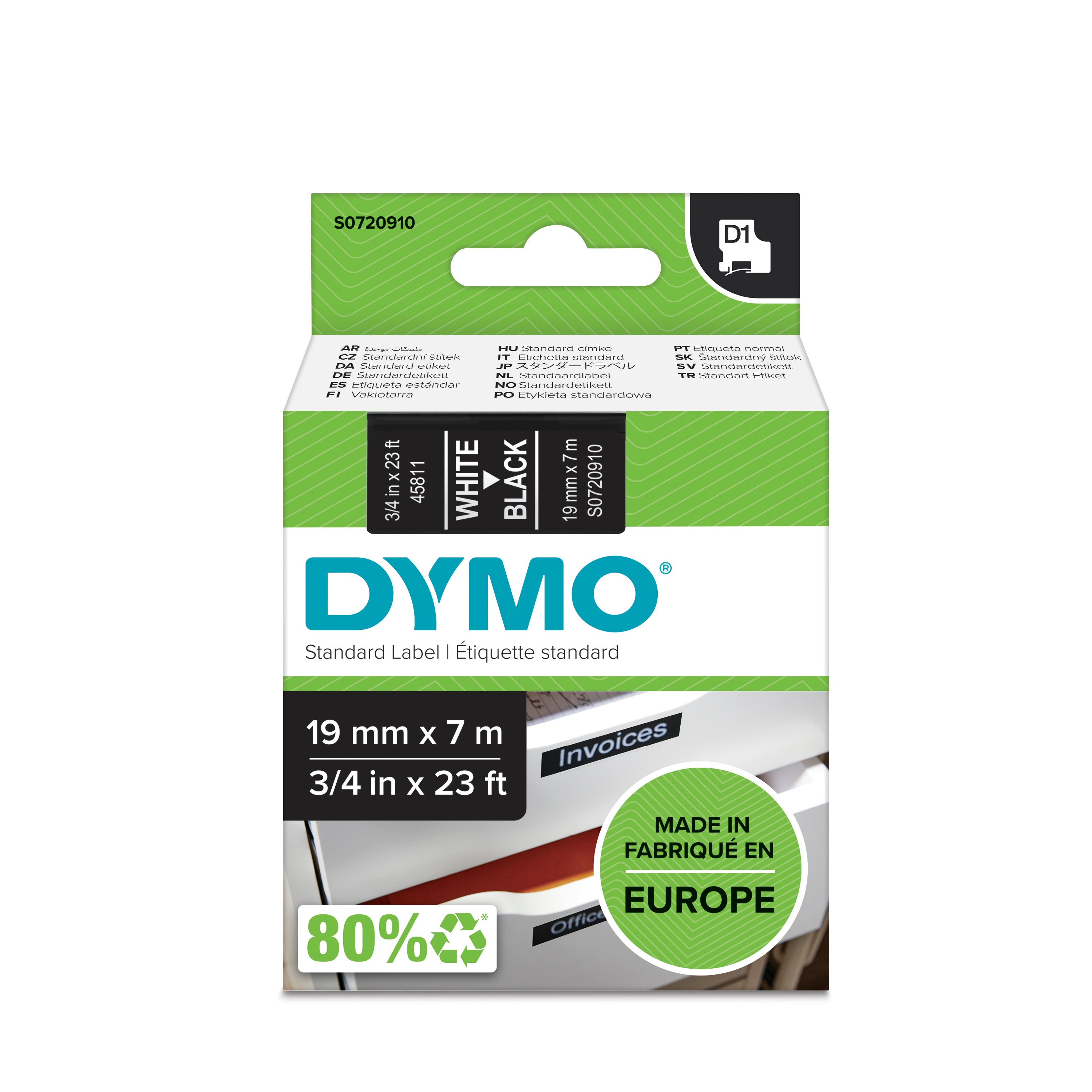 DYMOTAPE D1 19MMX7M HVID/SORT