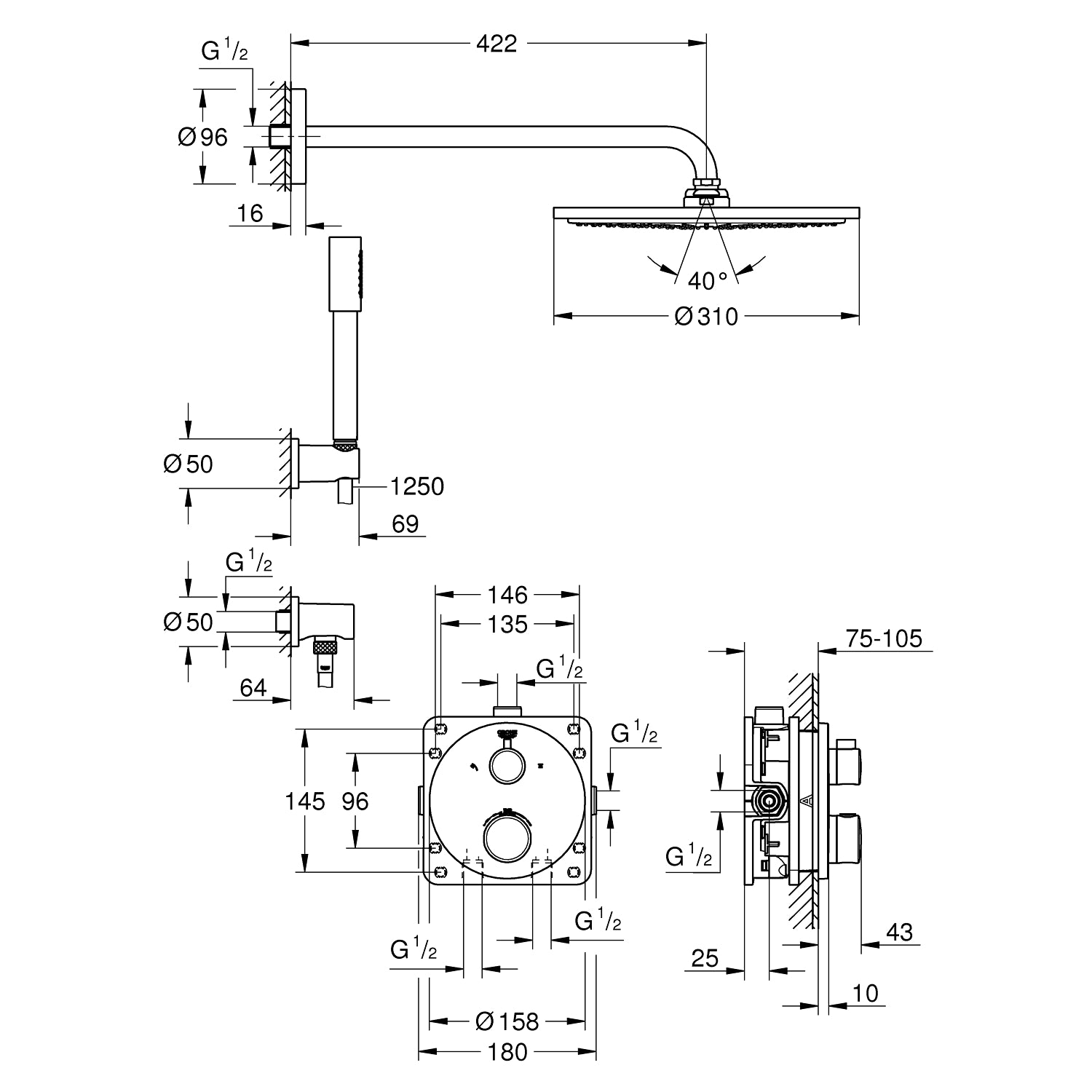 GROHE Grohterm Rainshower Cosmopolitan Indbygningsbrus. ALT i en kasse.