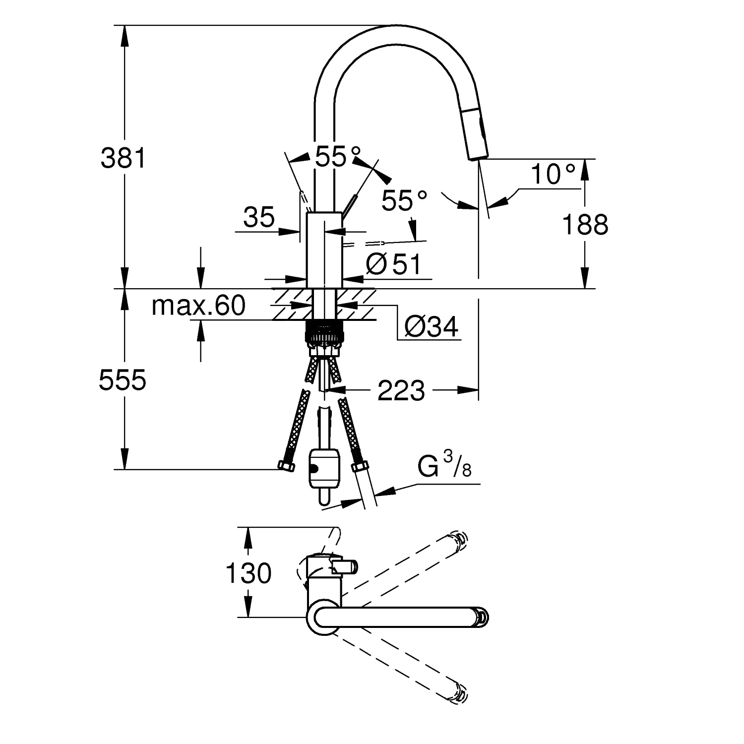 Grohe Eurosmart Cosmopolitan, Etgrebskøkkenbatteri, højt udløb