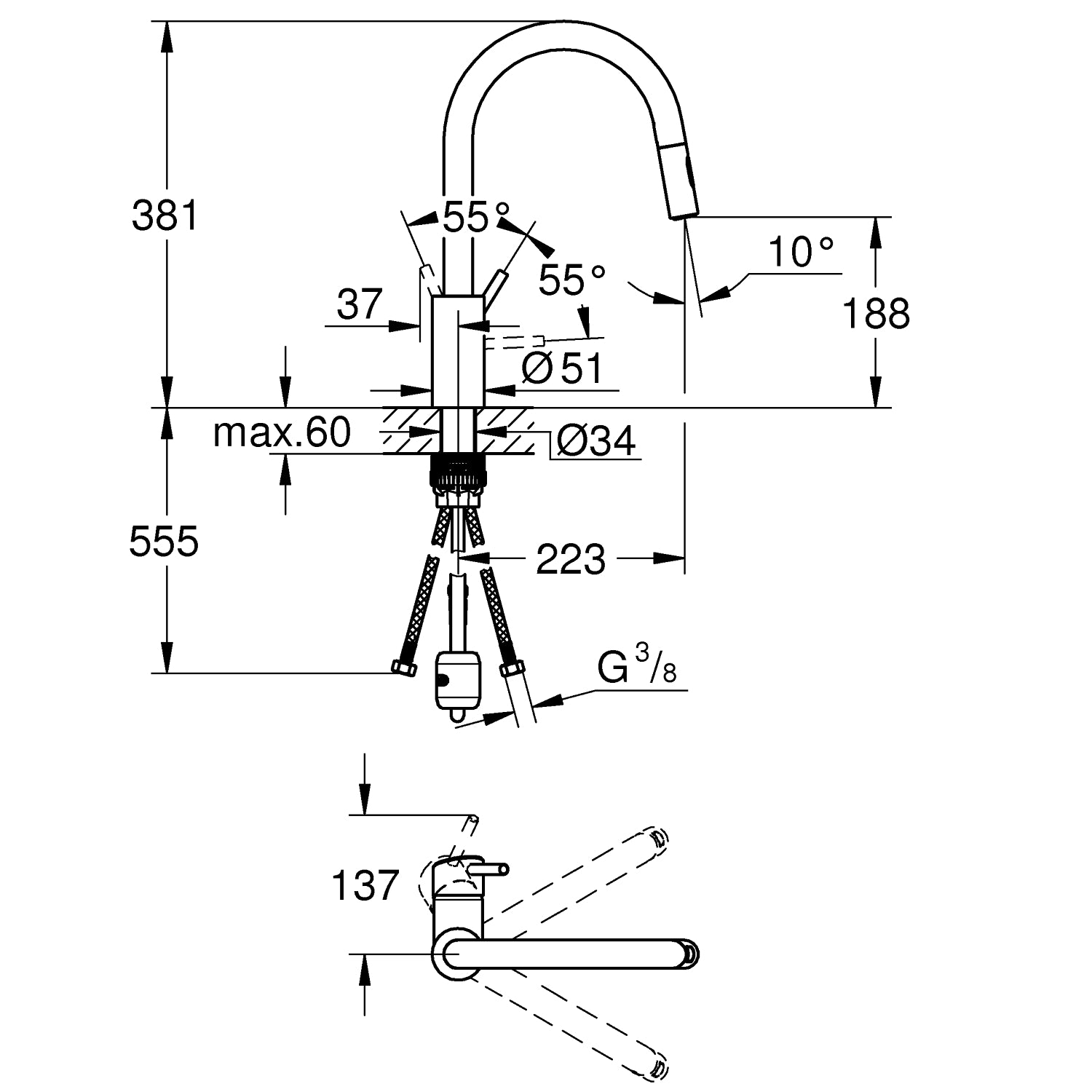 Grohe Concetto, etgrebs-køkkenbatteri, højt udløb, Grohe Zero