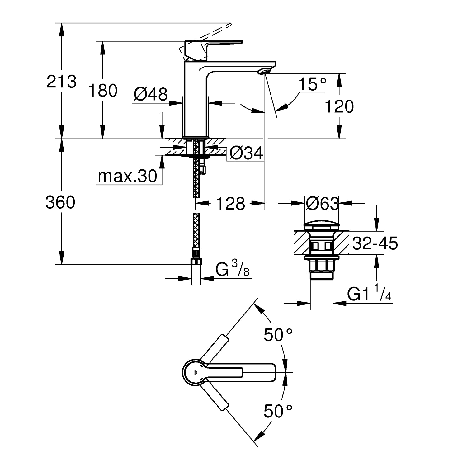 Grohe Lineare Etgrebsbatteri til håndvask S "Click" (Supersteel)