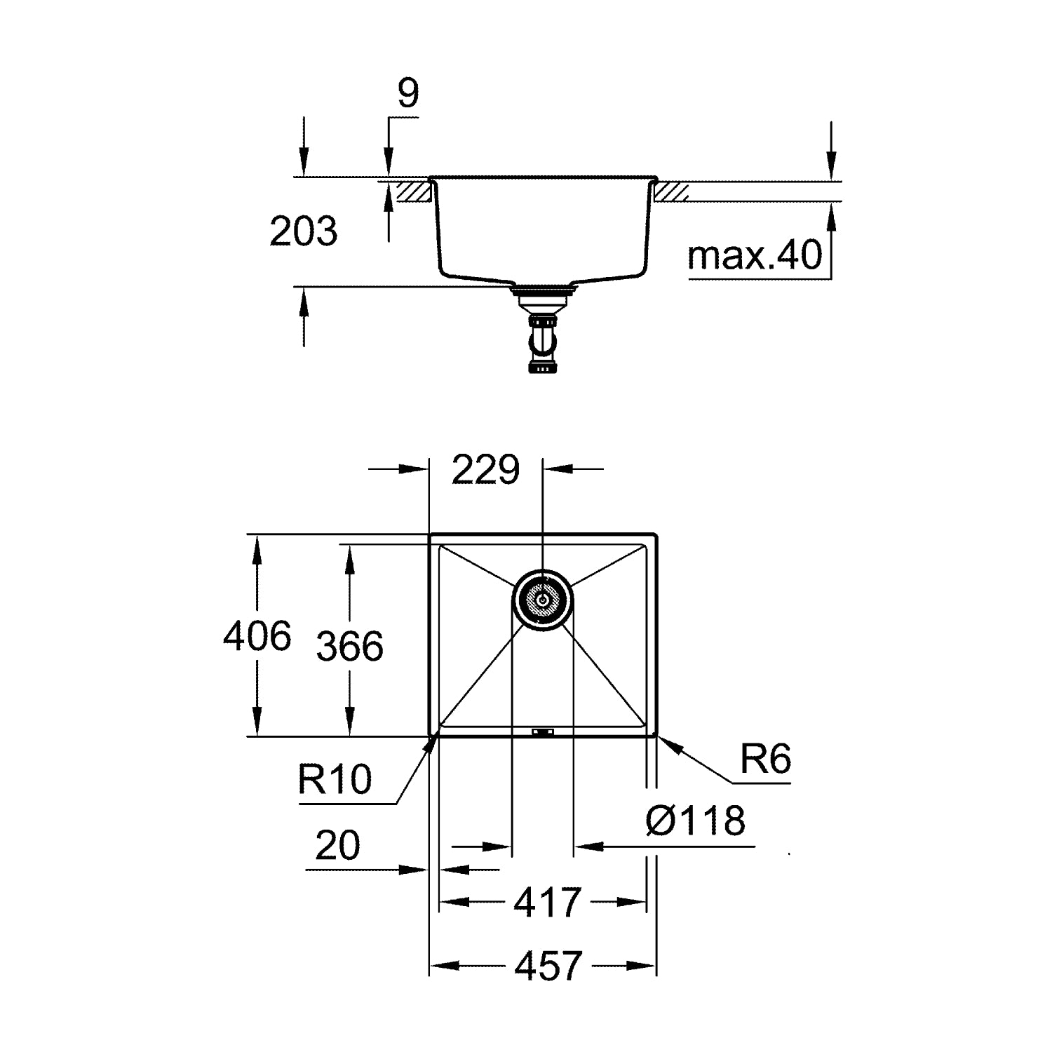 Grohe K700 UnderlimetKompositvasknedfældning og underlimet