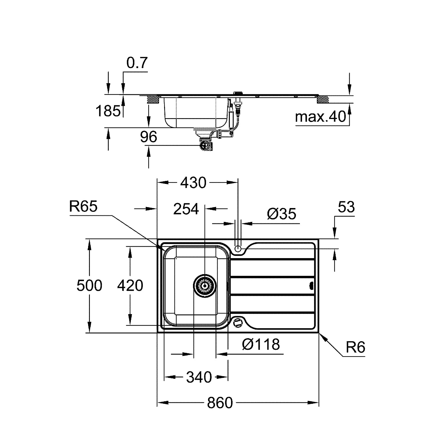 GROHE K500 Køkkenvask, rustfrit stål, nedfæld/planlim, 860x500mm