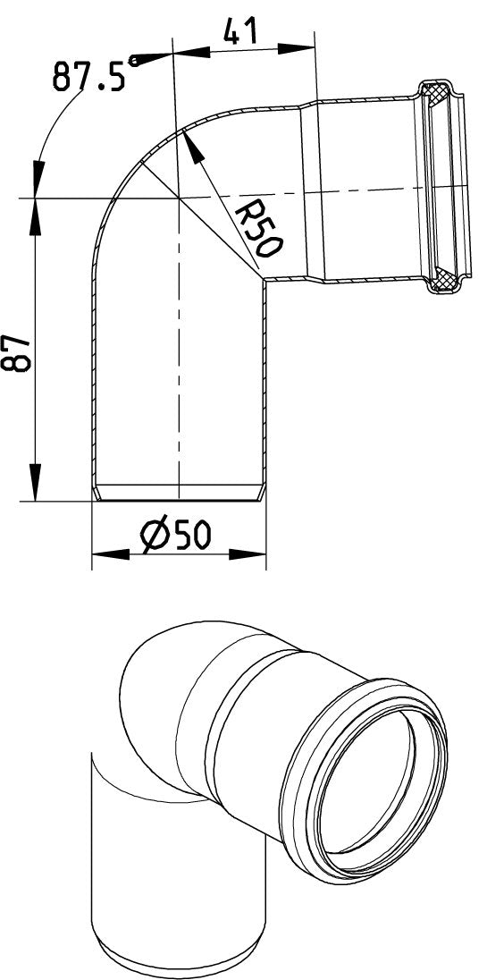 BØJNING 87,5 GRADER Ø50MM AISI304