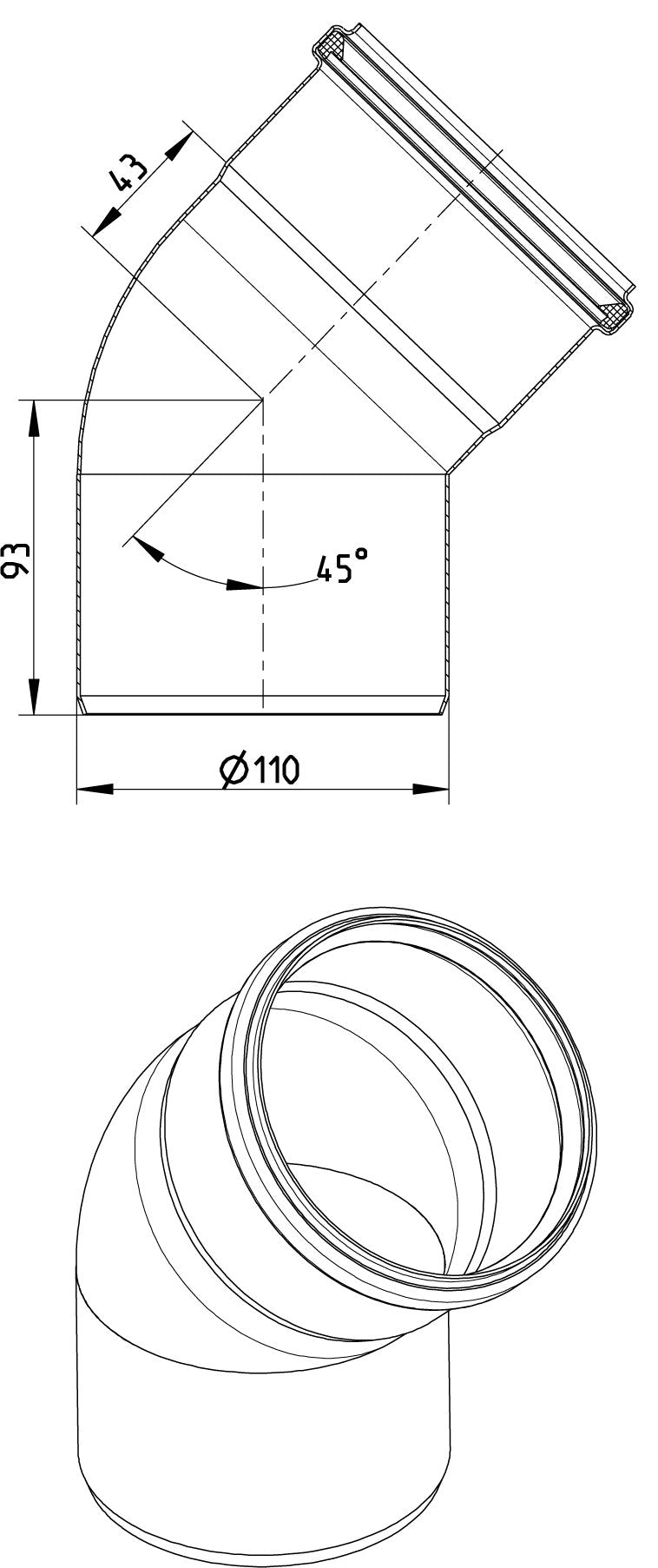 BØJNING 45 GRADER Ø110MM AISI304