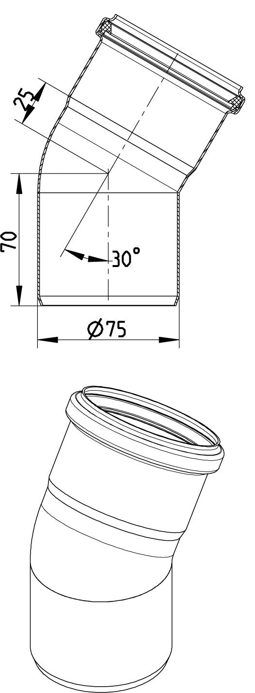 BØJNING 30 GRADER Ø75MM AISI304
