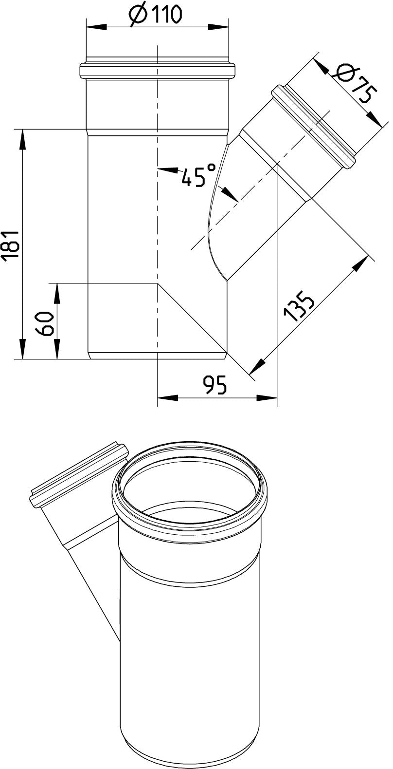 GRENRØR 45 GRADER Ø110X75MM AISI304