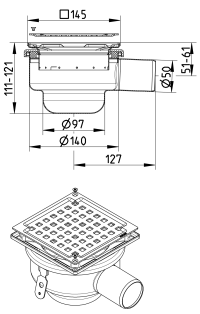 BLÜCHER 50 mm afløbsskål til beton, uden studs, vandret, lav