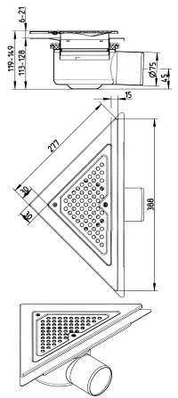 BLÜCHER 75 mm hjørneafløb til smøremembran, uden studs, vandret