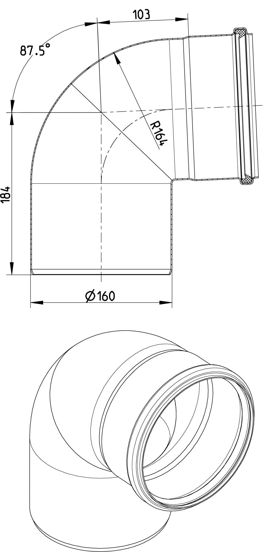 Ø 160 mm x 87,5° Bøjning rustfri AISI304/EN1.4301 BLÜCHER