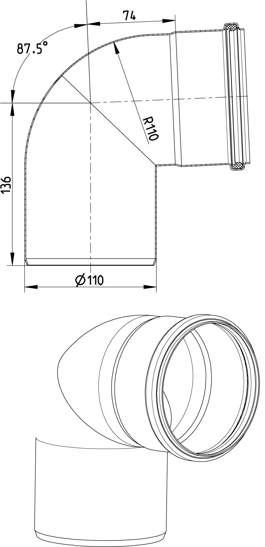 BØJNING 87,5 GRADER Ø110MM AISI304