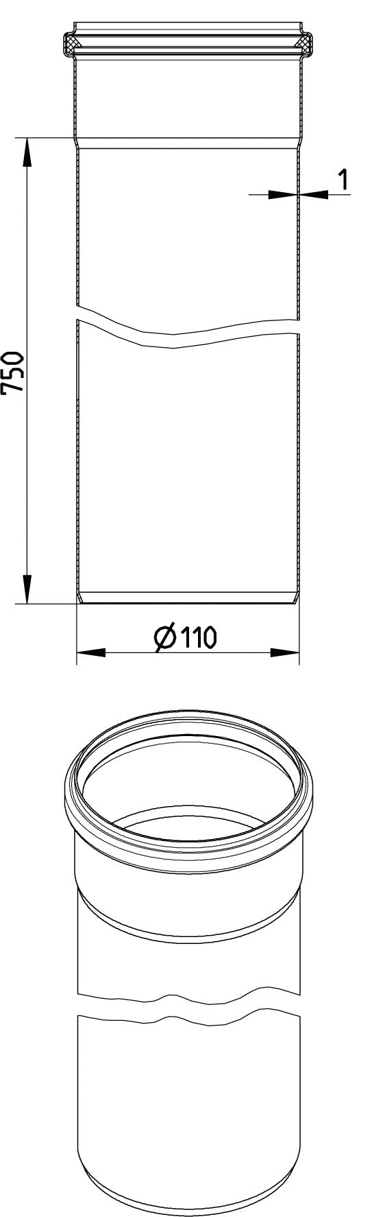 rør, l: 750mm, ø110mm