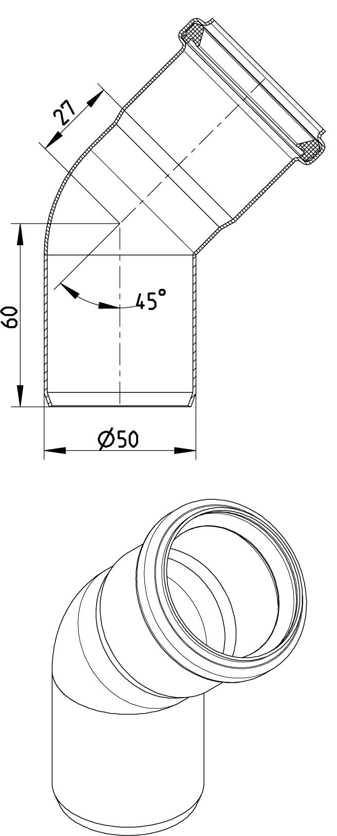 BØJNING 45 GRADER Ø50MM AISI304
