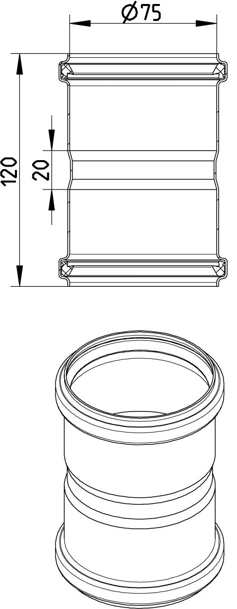 DOBBELT STIKMUFFE Ø75MM AISI304