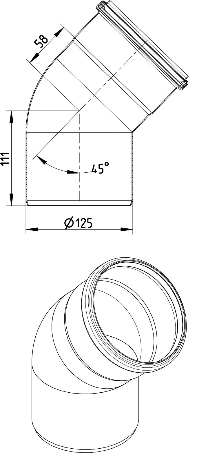Ø 125 mm x 45° Bøjning rustfri AISI304/EN1.4301 BLÜCHER