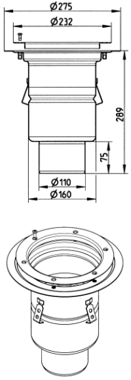 Industriafløb-gulv: vinyl-ramme: ø232mm-udløb: ø110mm, lodret