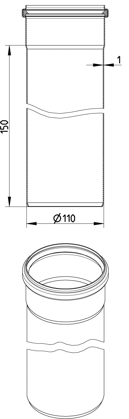 rør, l: 150mm, ø110mm