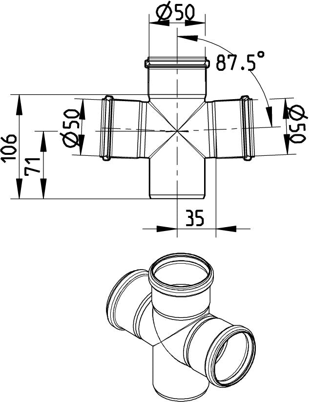 50 x 50 mm x 87,5° Grenrør dobbelt syrefast AISI316L BLÜCHER