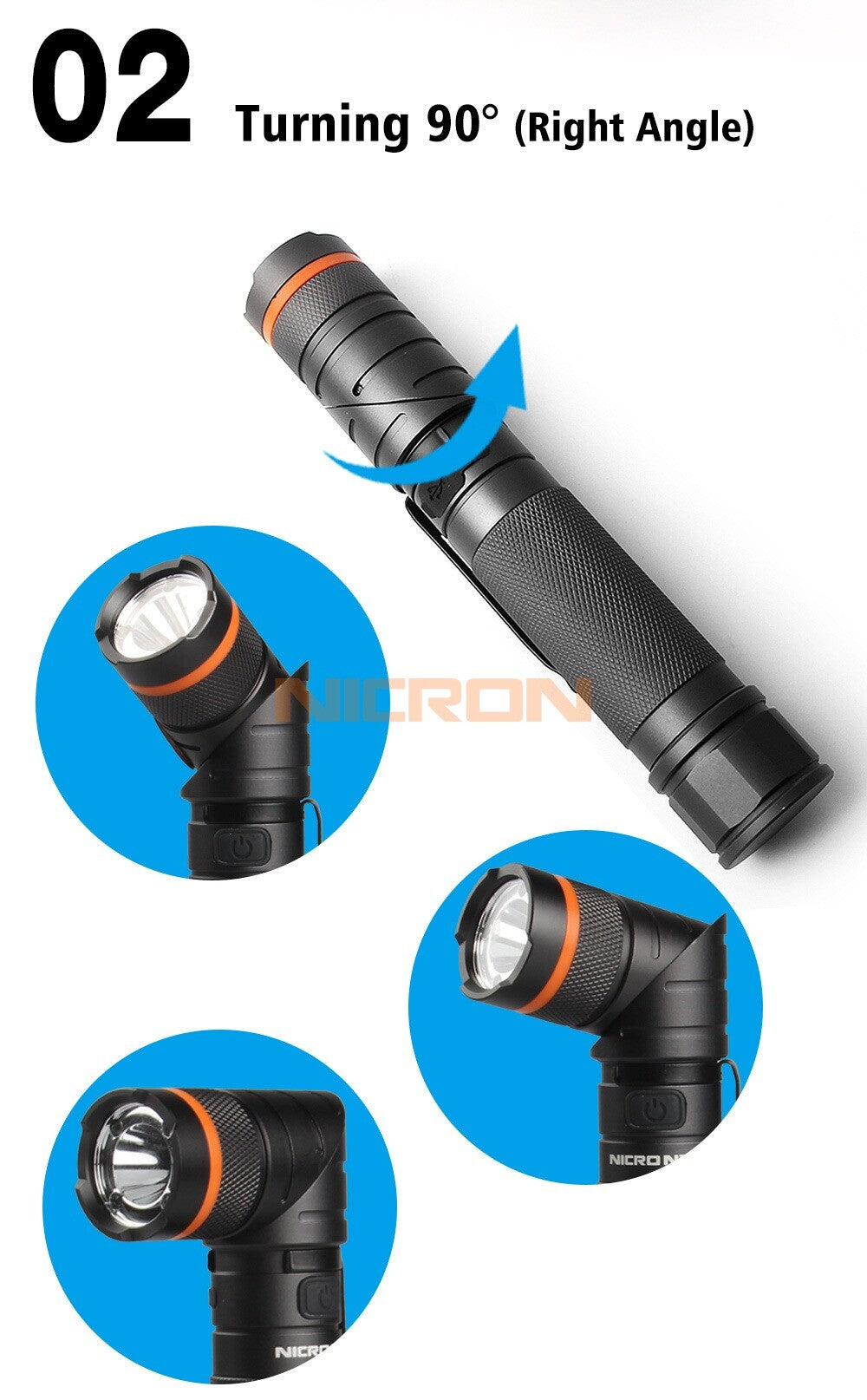 NICRON Twist-L lygte, genopladelig, 1000 lumen og UV-lys