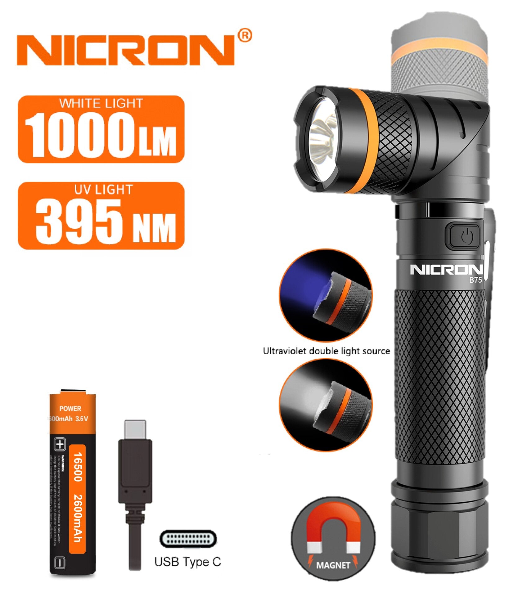 NICRON Twist-L lygte, genopladelig, 1000 lumen og UV-lys