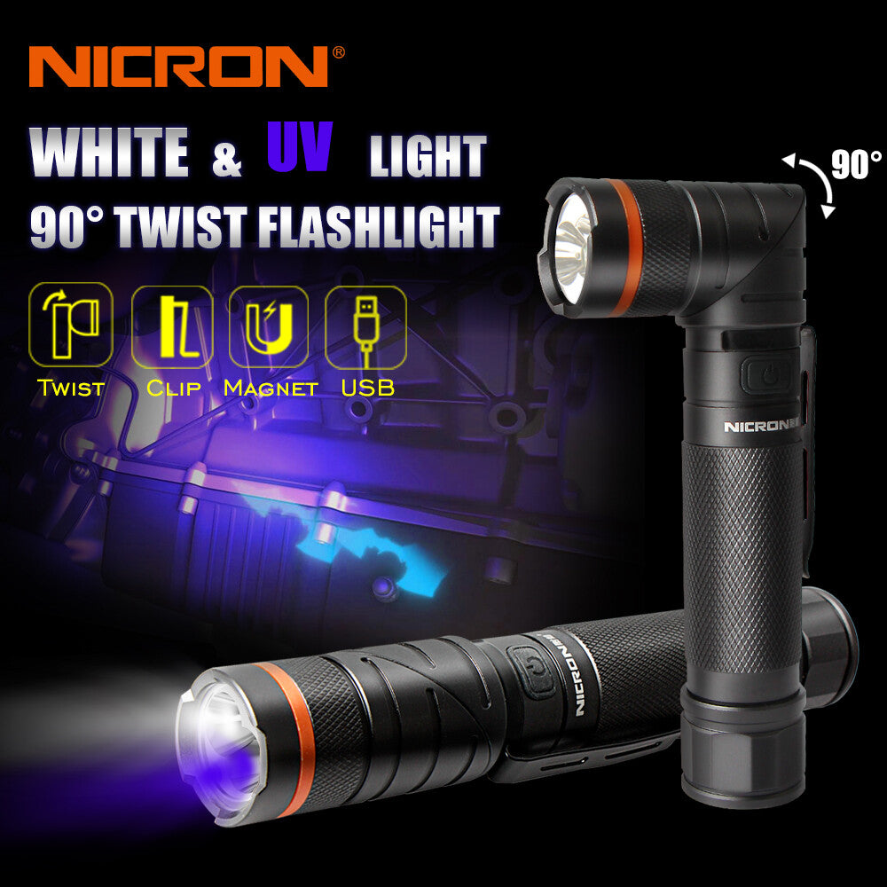 NICRON Twist-L lygte, genopladelig, 1000 lumen og UV-lys