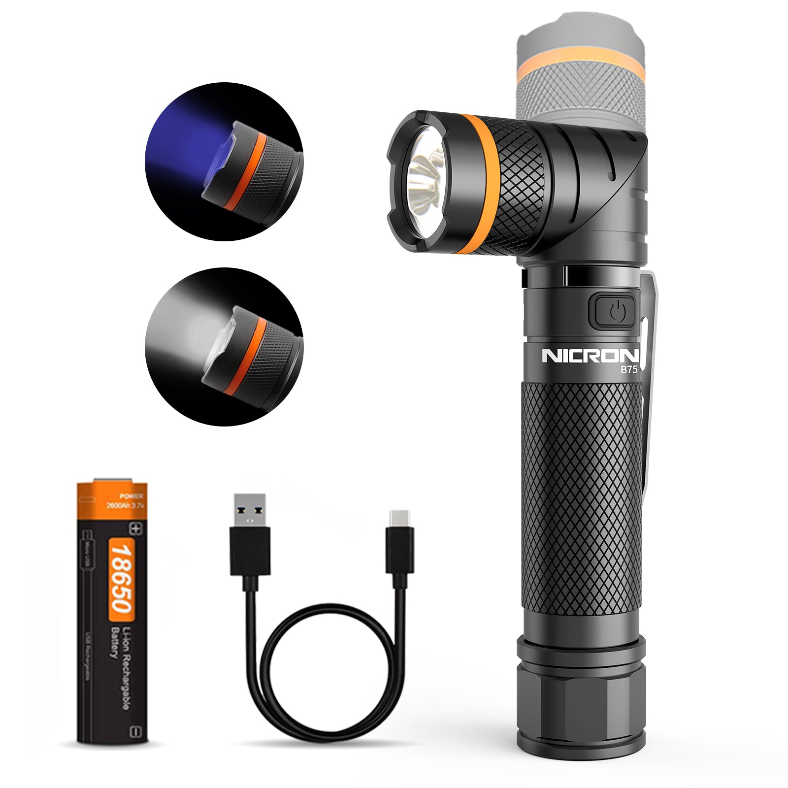 NICRON Twist-L lygte, genopladelig, 1000 lumen og UV-lys