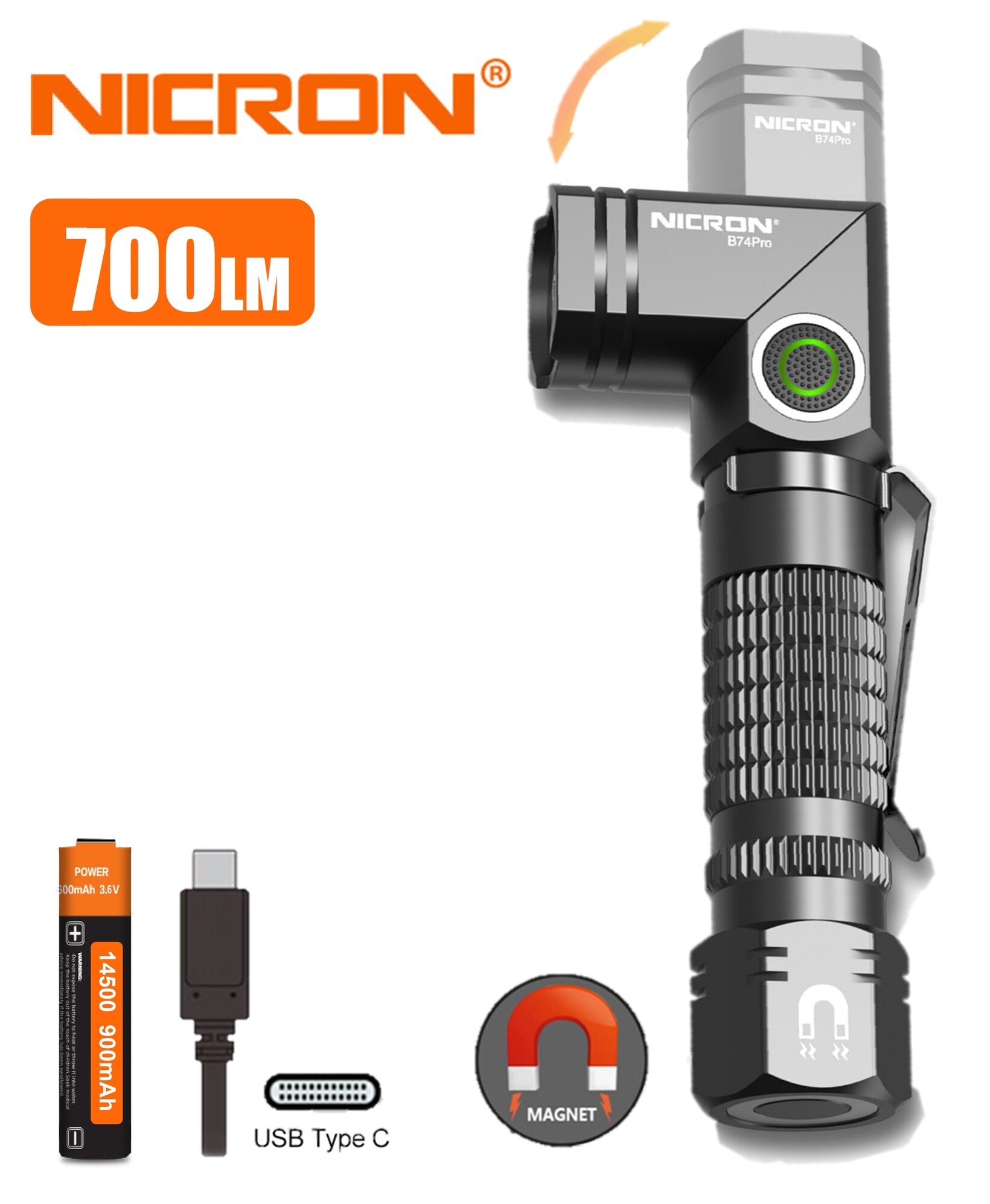 NICRON Mini Twist-L lygte, genopladelig, 700 lumen