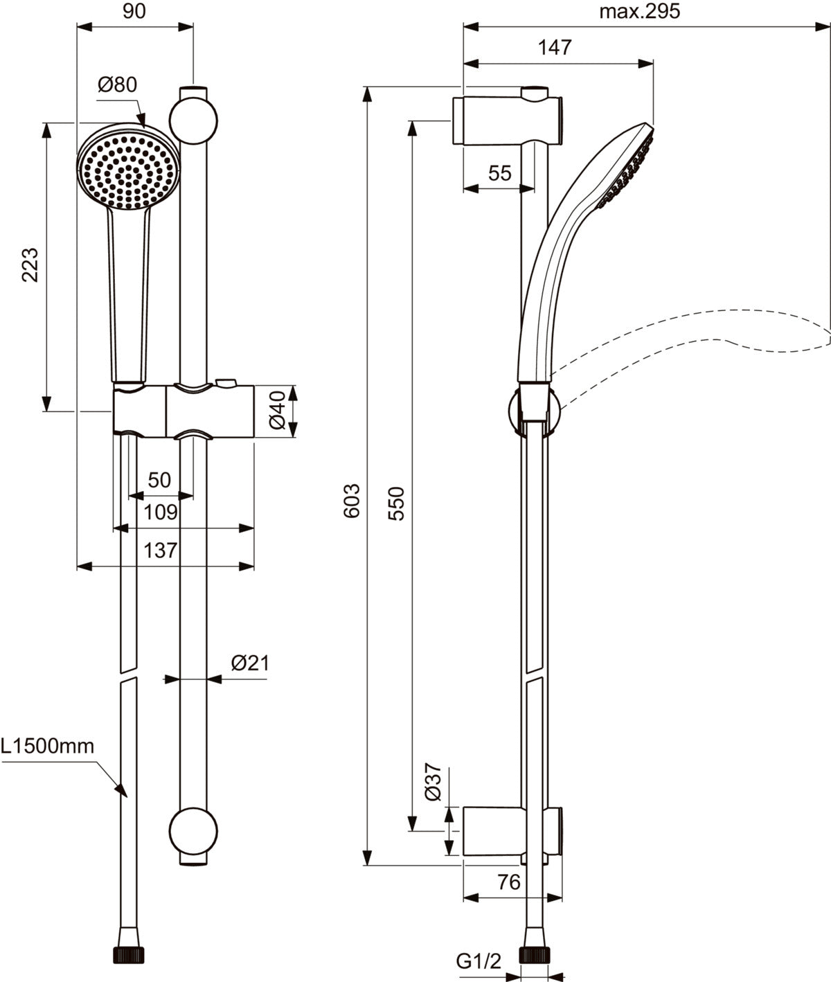 Børma IdealRain brusesæt, Ø80, 600 mm, 1500 mm metalflex