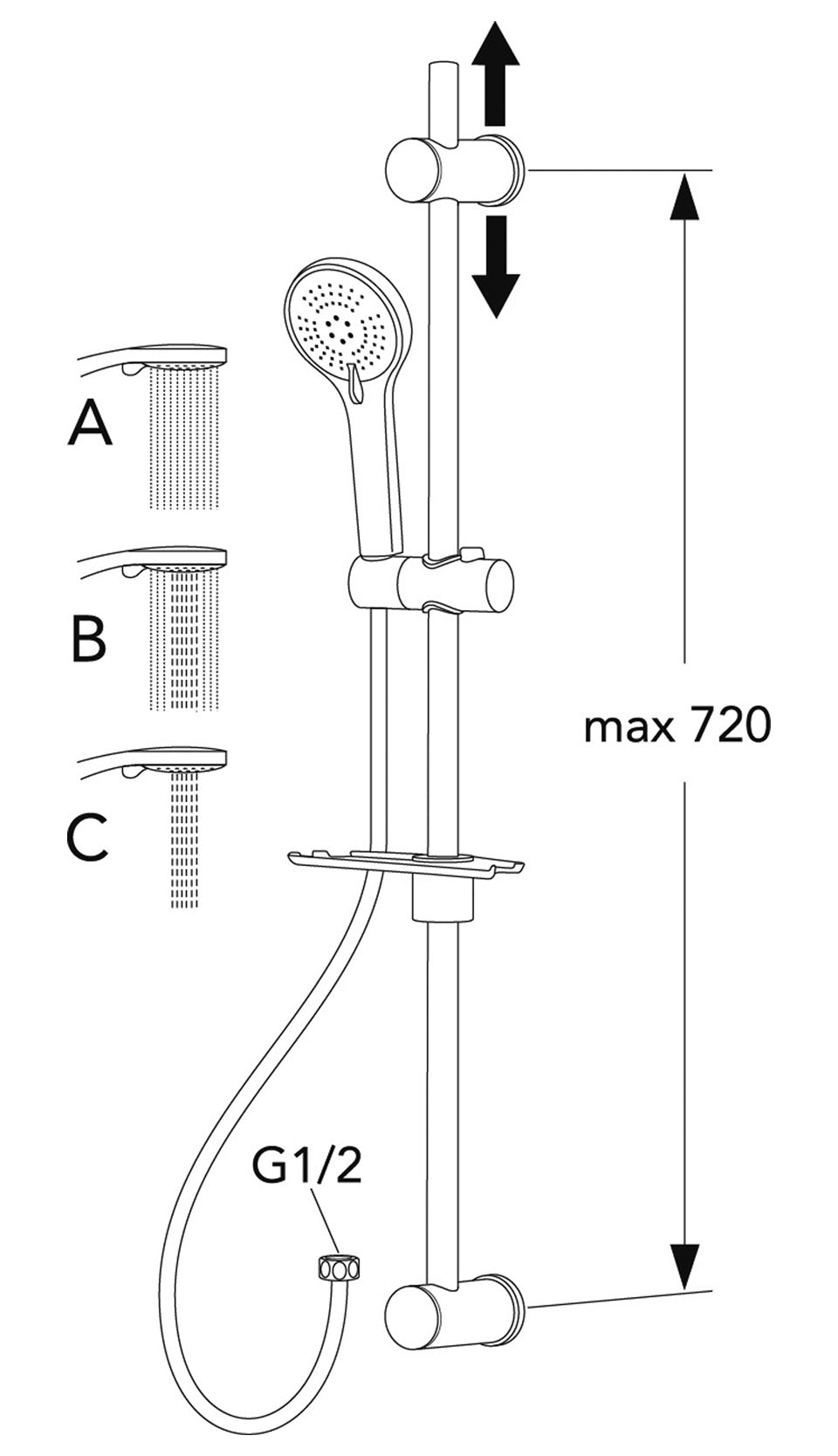 GUSTAVSBERG BRUSESÆT MED 3 INDSTILINGER, BRUSESTANG 720 MM KROM