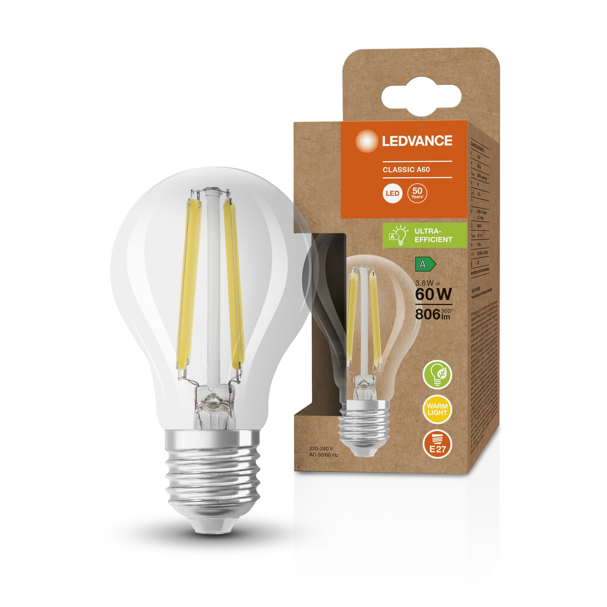 Ledvance LED standard fil 806lm 3,8W/830 E27