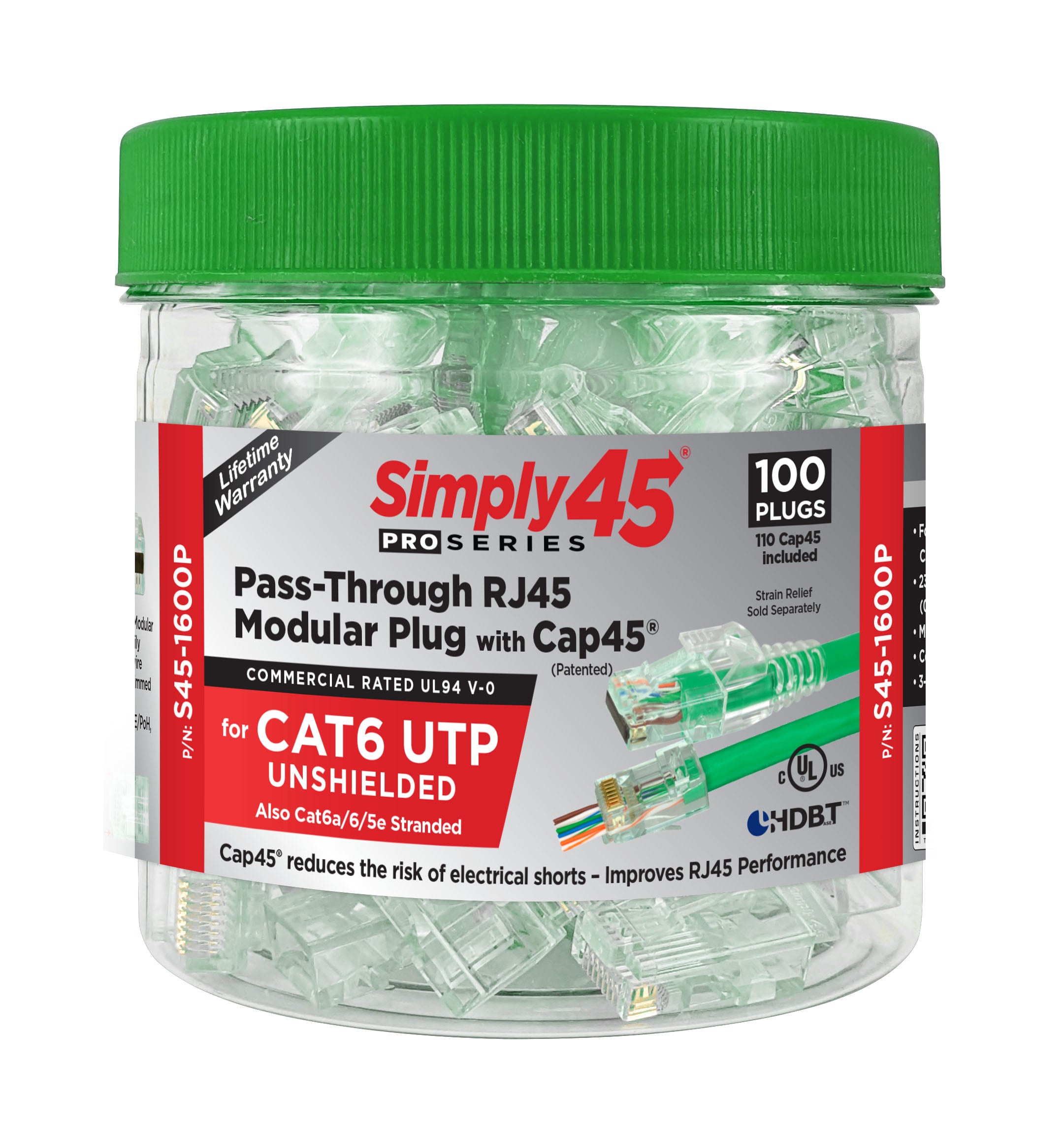 Simply45 RJ45 Pass-Through stik CAT6 UTP CAP45 uskærmet, 100 STK