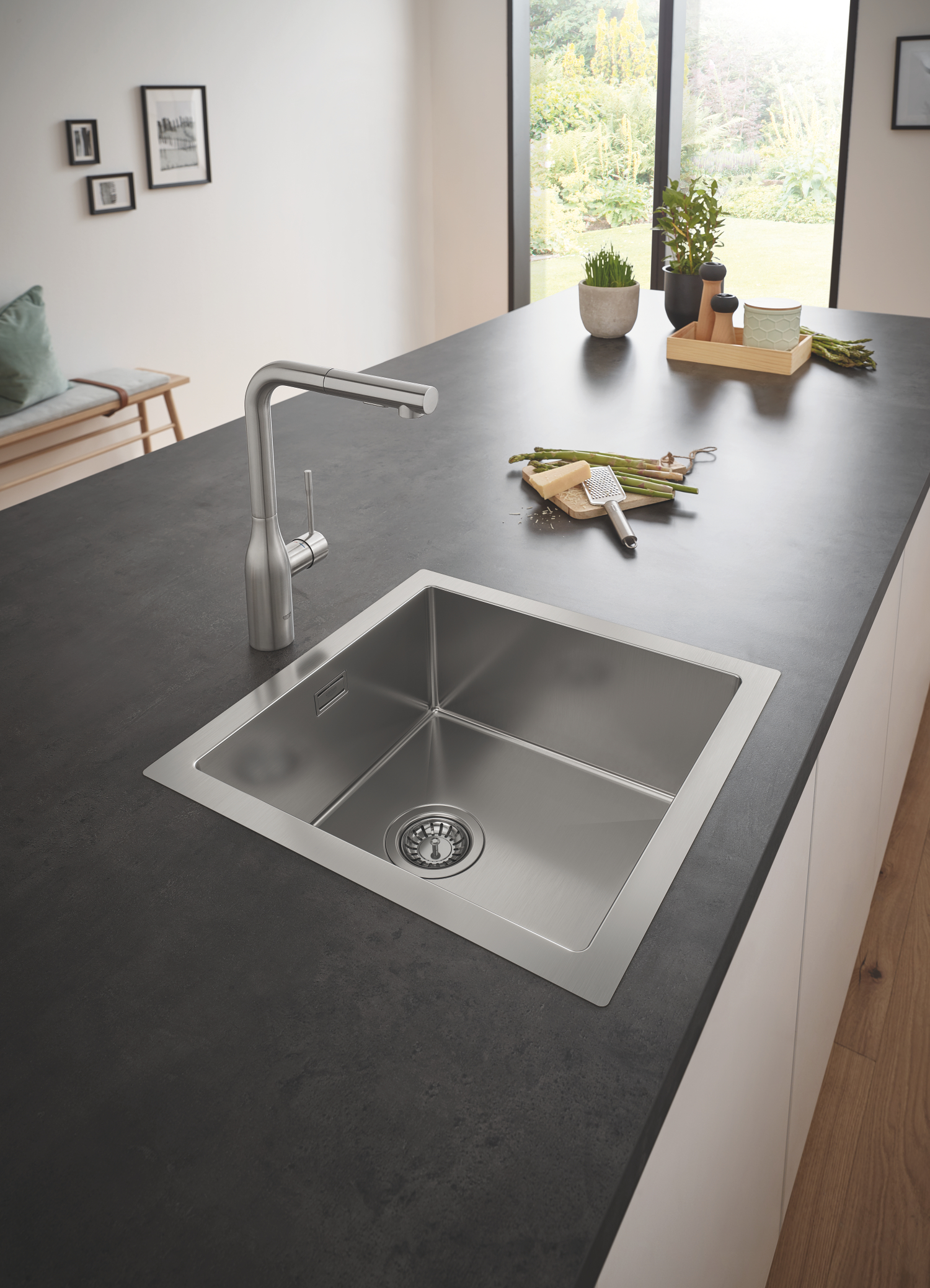 GROHE K700 Rustfri stålvask, under/planlimet/nedfældet 464x464mm