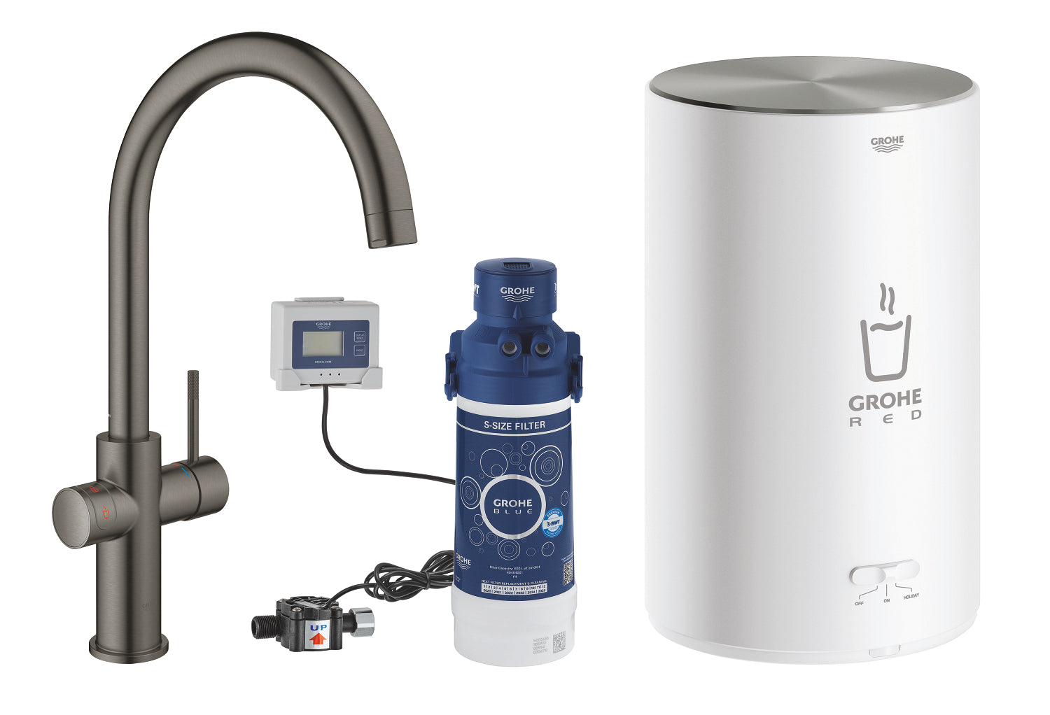 Grohe Red Duo køkkenarmatur C-tud & 3 liters kedel, børstet hard graphite