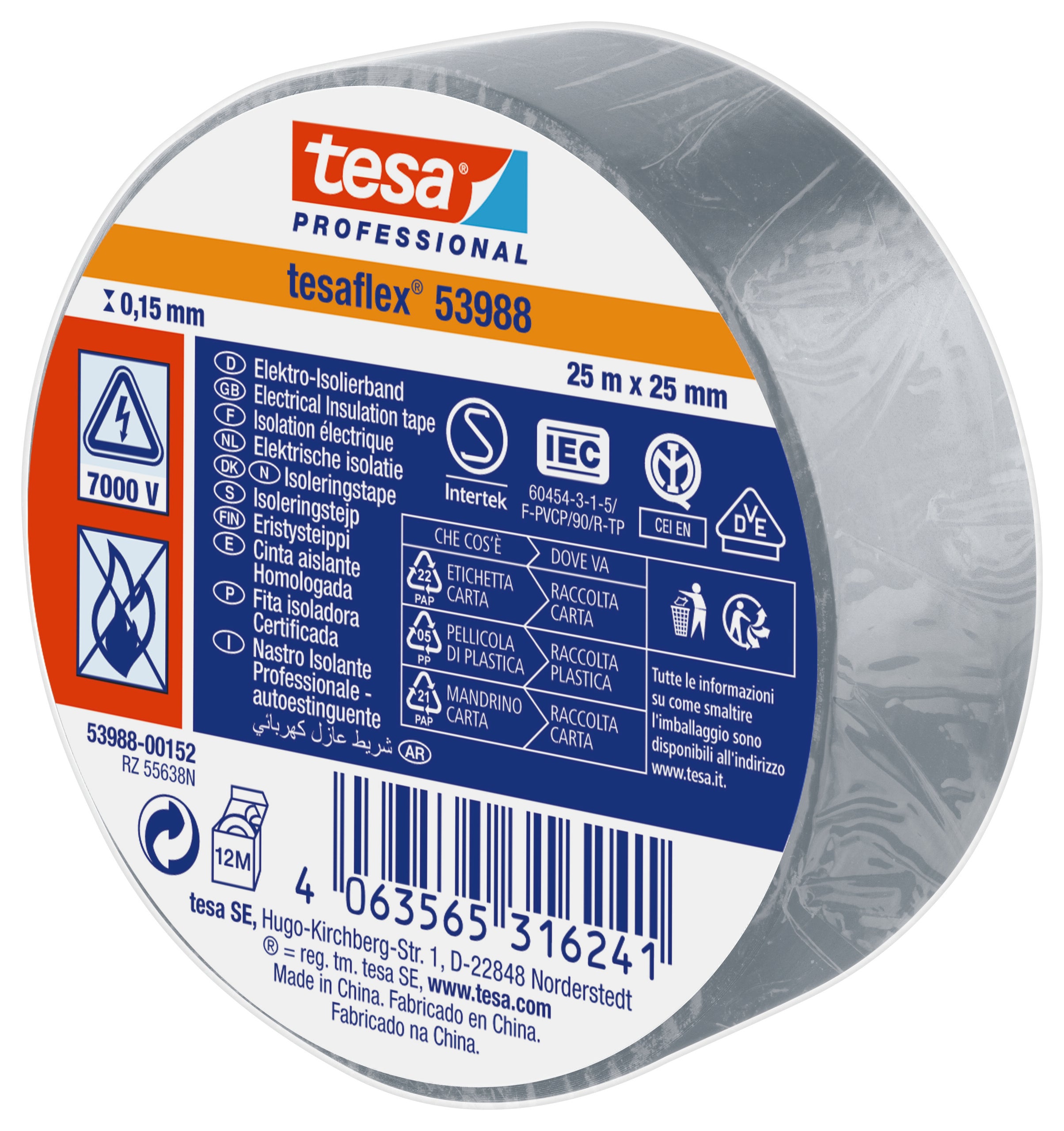 ISOLERINGSTAPE VDE/IEC PVC 25MX25MM GRÅ
