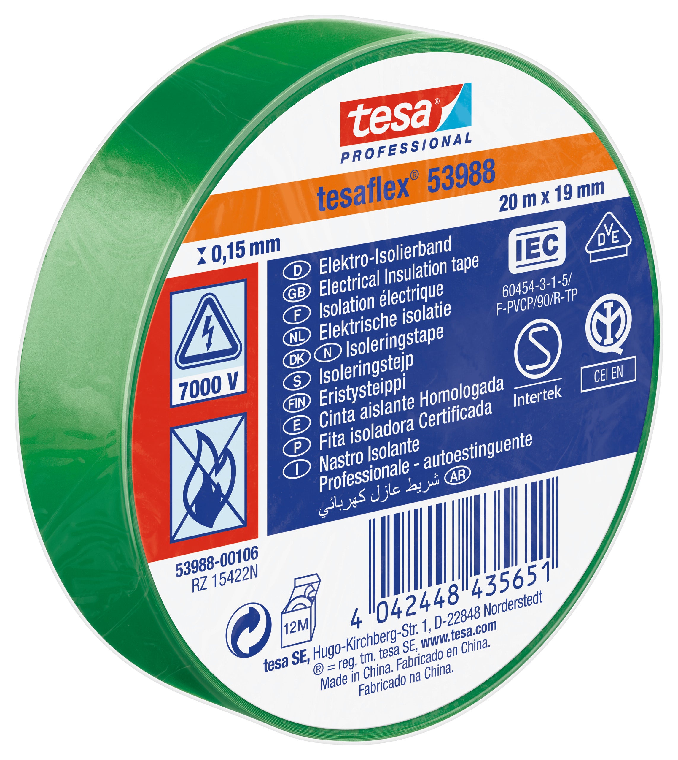 ISOLERINGSTAPE VDE/IEC PVC 20MX19MM GRØN