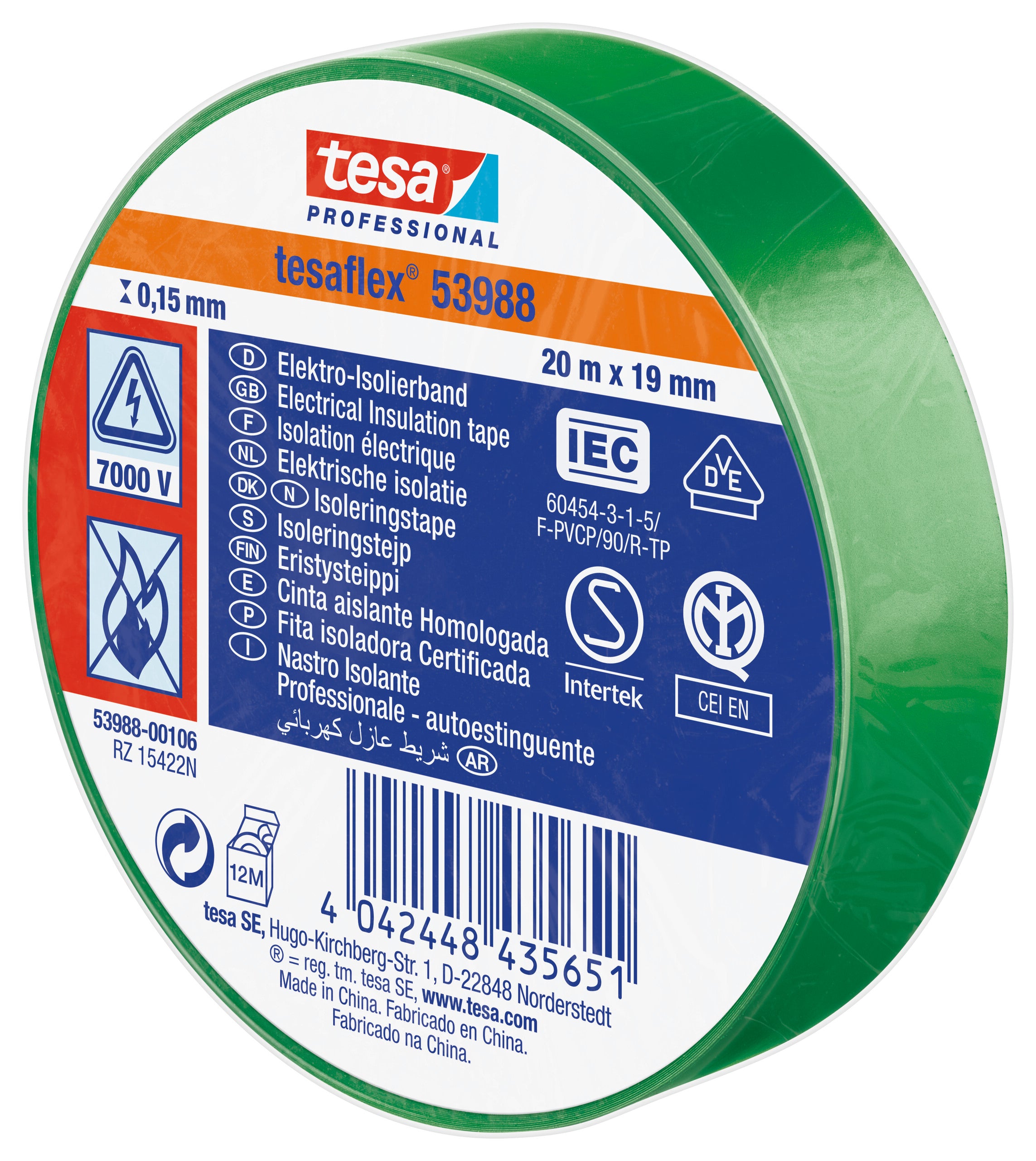ISOLERINGSTAPE VDE/IEC PVC 20MX19MM GRØN