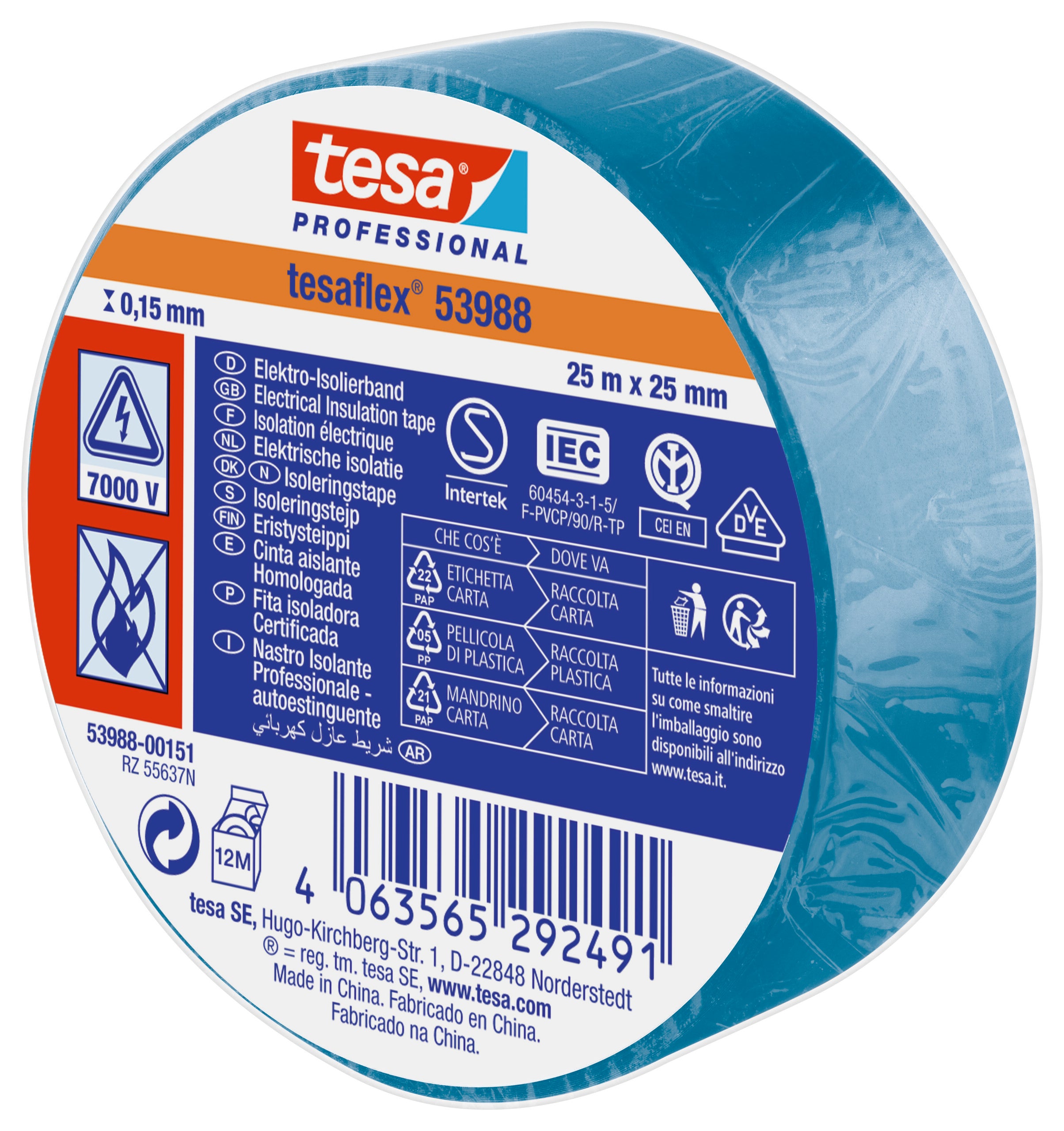 ISOLERINGSTAPE VDE/IEC PVC 25MX25MM BLÅ